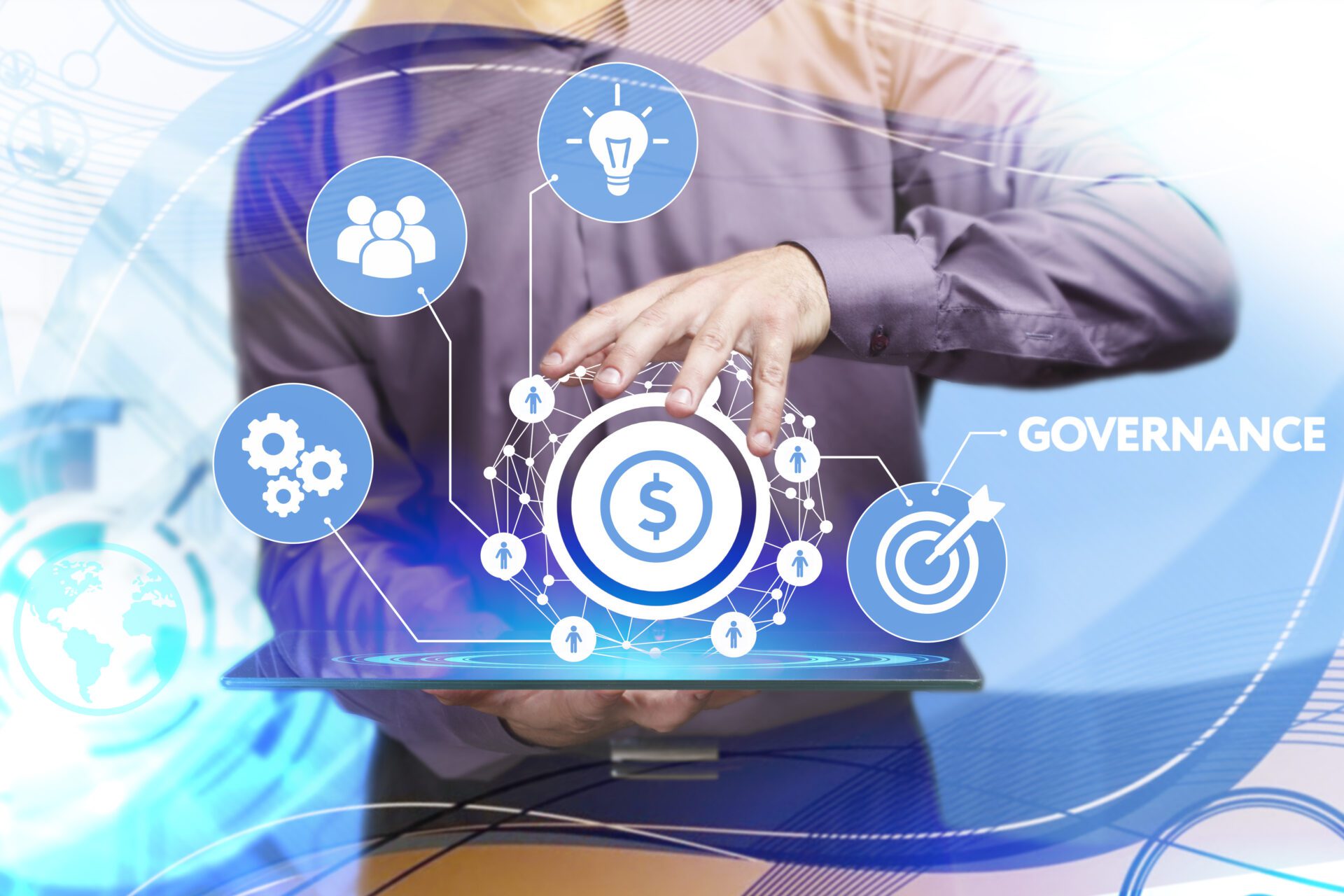 A person uses a governance dashboard to manage data flow and segmentation in hybrid cloud environments.